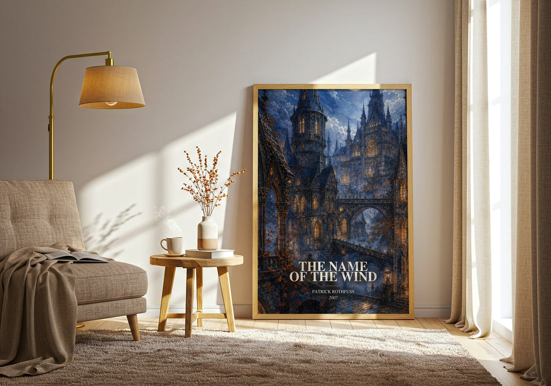 The Name of the Wind watercolour print in frame leaning in hallway – fantasy wall art (mockup)