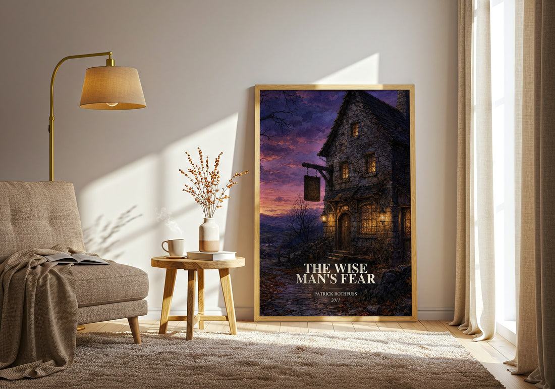 The Wise Man's Fear watercolour print in frame leaning in hallway – fantasy wall art (mockup)