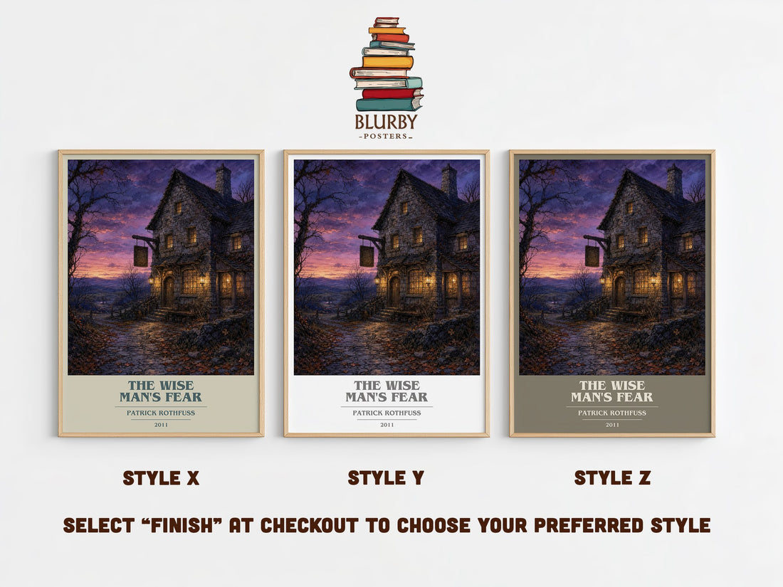 The Wise Man's Fear book cover print in frame leaning in hallway – fantasy wall art (mockup)