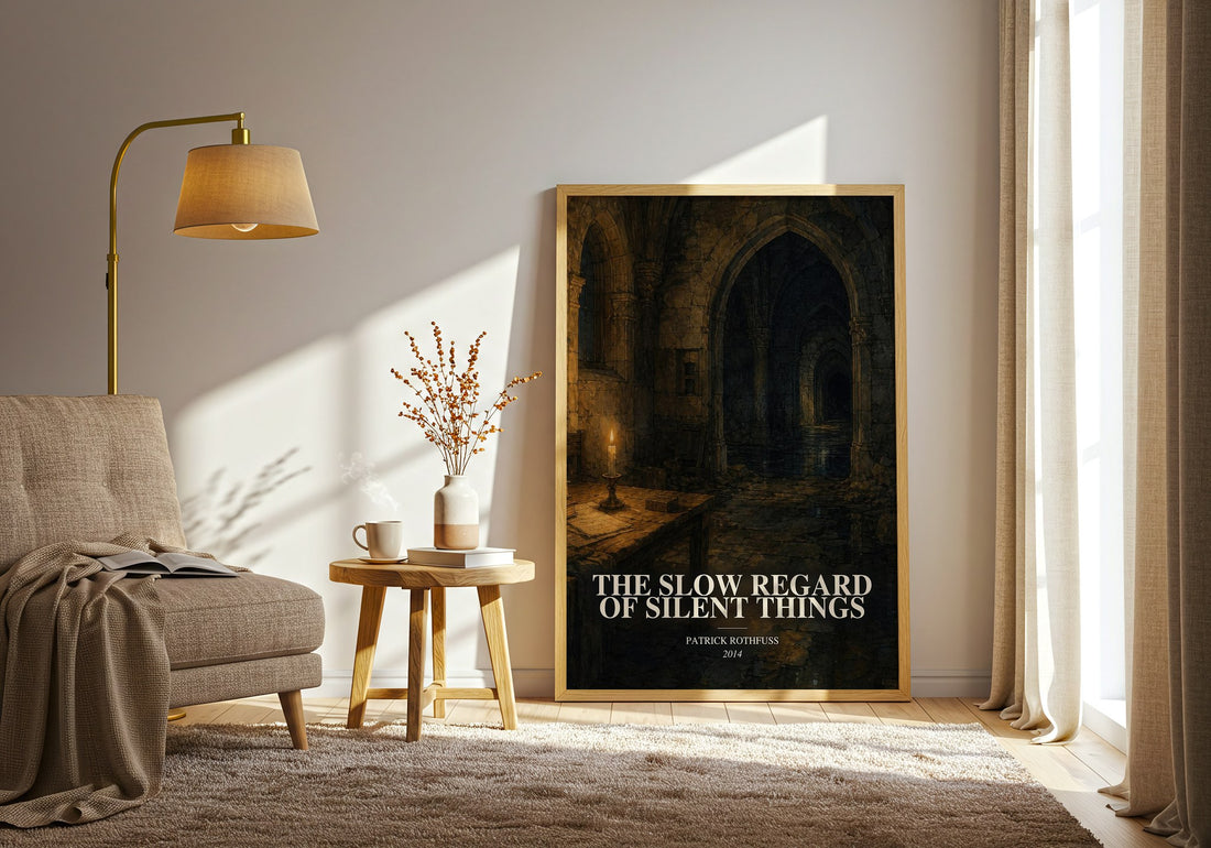 The Slow Regard of Silent Things watercolour print in frame leaning in hallway – fantasy wall art (mockup)