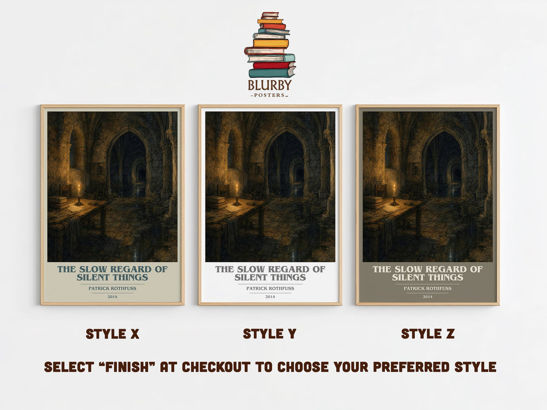 The Slow Regard of Silent Things book cover print in frame leaning in hallway – fantasy wall art (mockup)