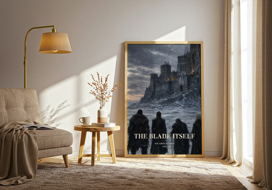 The Blade Itself watercolour print in frame leaning in hallway – fantasy wall art (mockup)