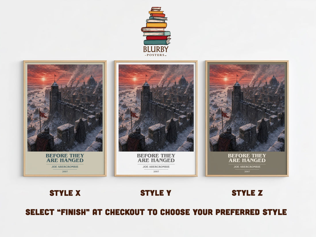 Before They Are Hanged book cover print in frame leaning in hallway – fantasy wall art (mockup)