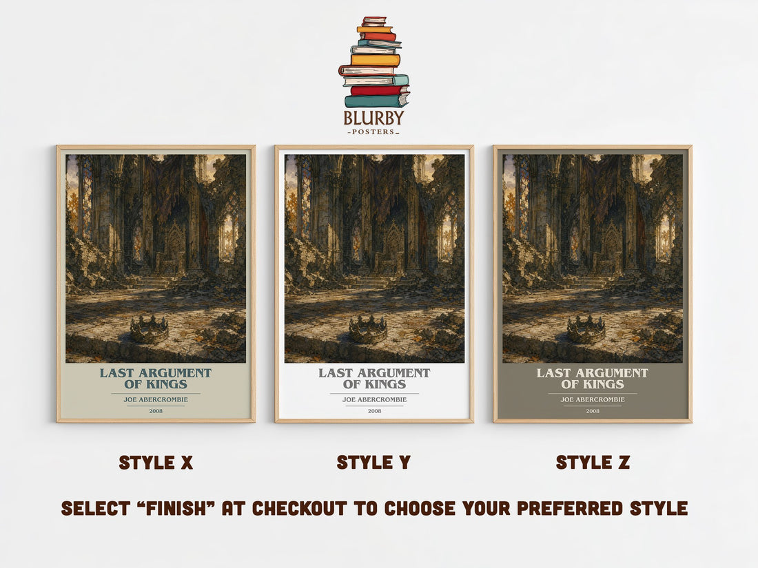 Last Argument of Kings book cover print in frame leaning in hallway – fantasy wall art (mockup)