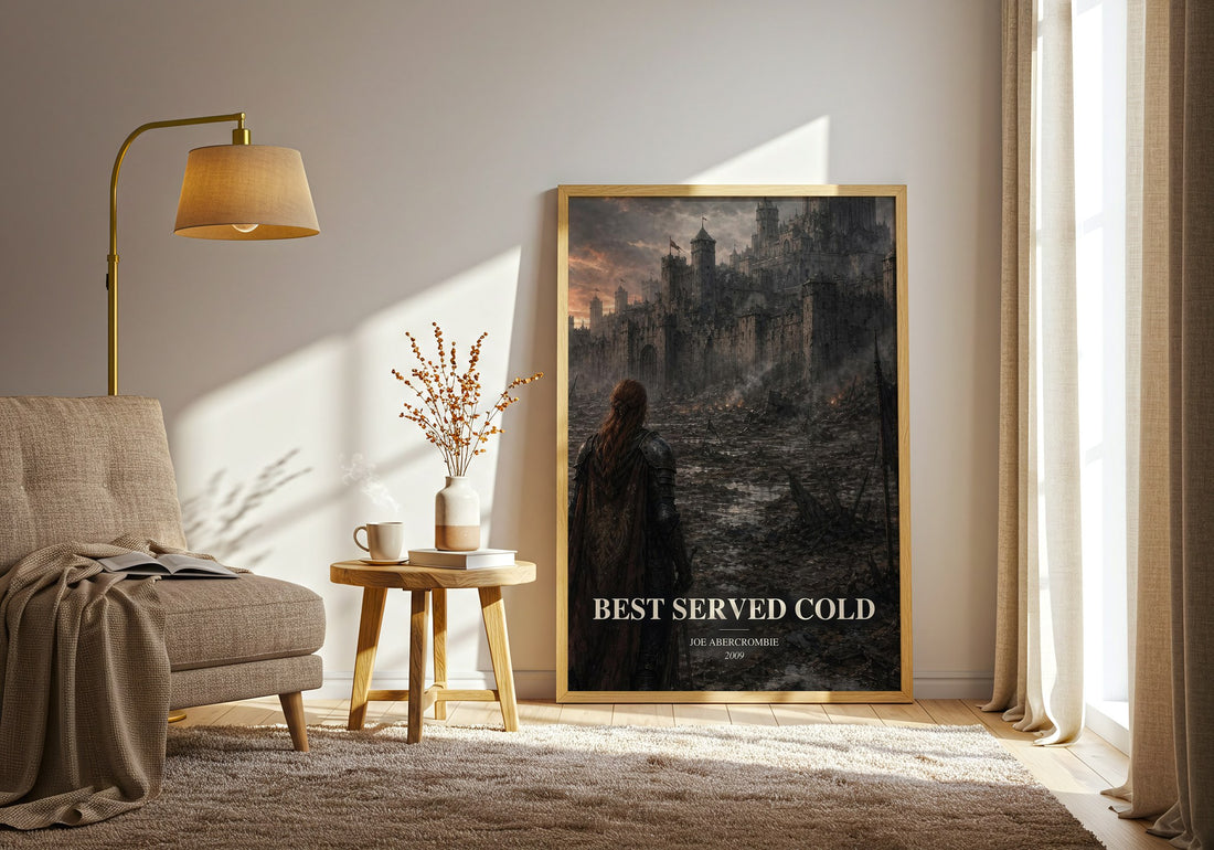 Best Served Cold watercolour print in frame leaning in hallway – fantasy wall art (mockup)