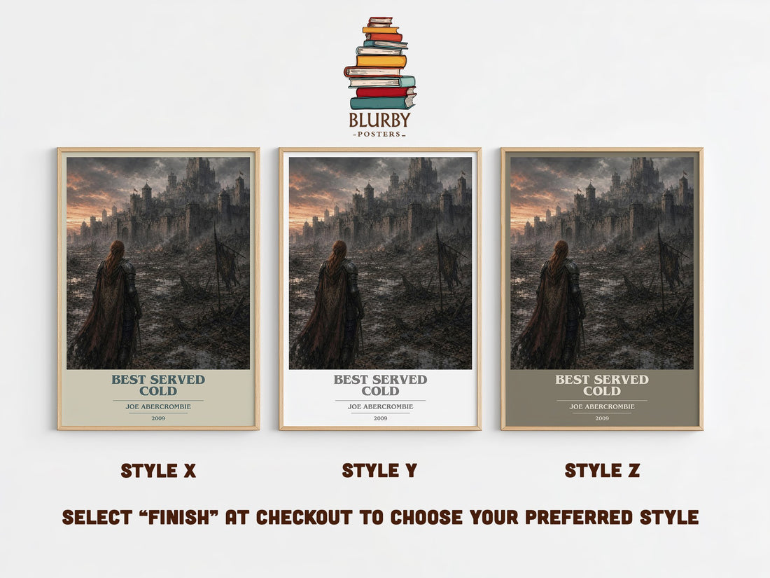 Best Served Cold book cover print in frame leaning in hallway – fantasy wall art (mockup)