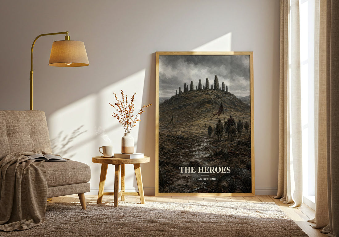 The Heroes watercolour print in frame leaning in hallway – fantasy wall art (mockup)