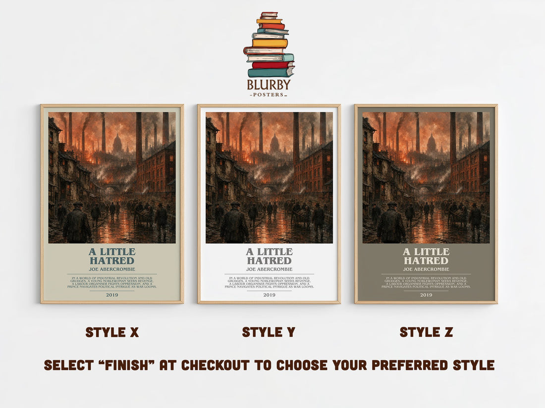 A Little Hatred bookish print in frame leaning in hallway – fantasy wall art (mockup)
