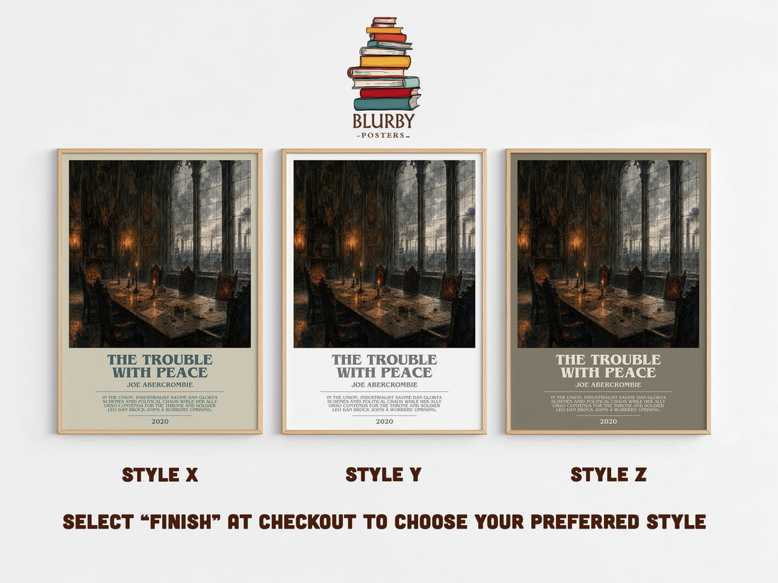 The Trouble with Peace bookish print in frame leaning in hallway – fantasy wall art (mockup)