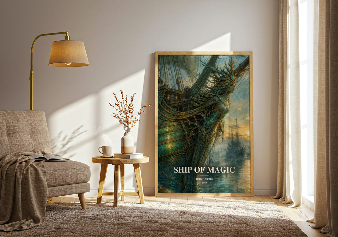 Ship of Magic watercolour print in frame leaning in hallway – fantasy wall art (mockup)