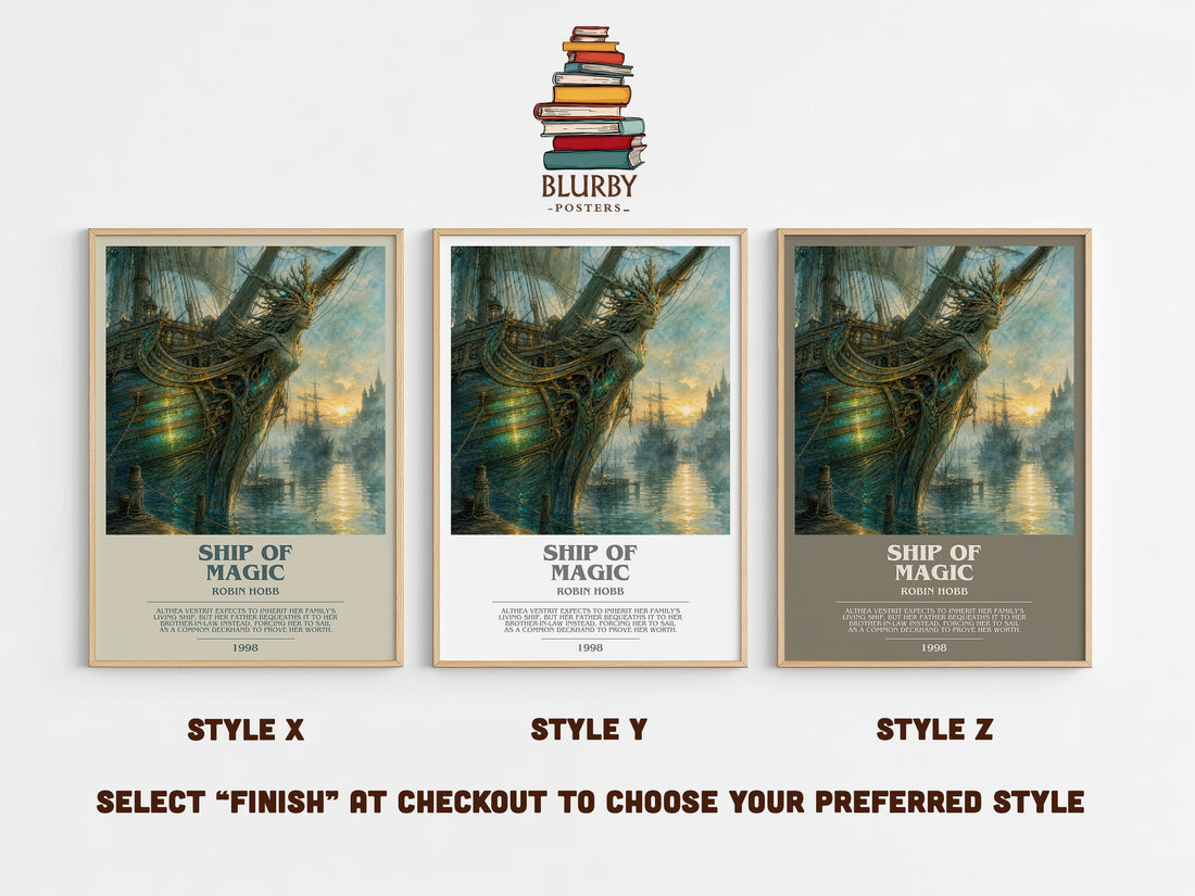 Ship of Magic bookish print in frame leaning in hallway – fantasy wall art (mockup)