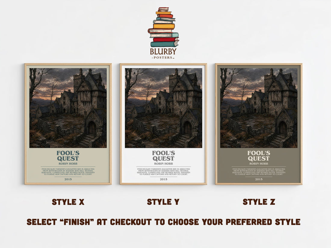 Fool's Quest bookish print in frame leaning in hallway – fantasy wall art (mockup)