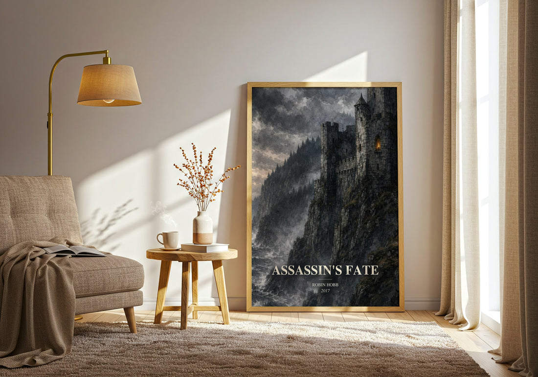 Assassin's Fate watercolour print in frame leaning in hallway – fantasy wall art (mockup)