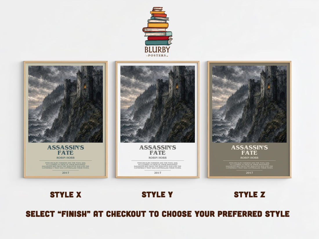 Assassin's Fate bookish print in frame leaning in hallway – fantasy wall art (mockup)