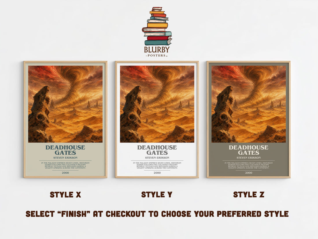 Deadhouse Gates bookish print in frame leaning in hallway – fantasy wall art (mockup)