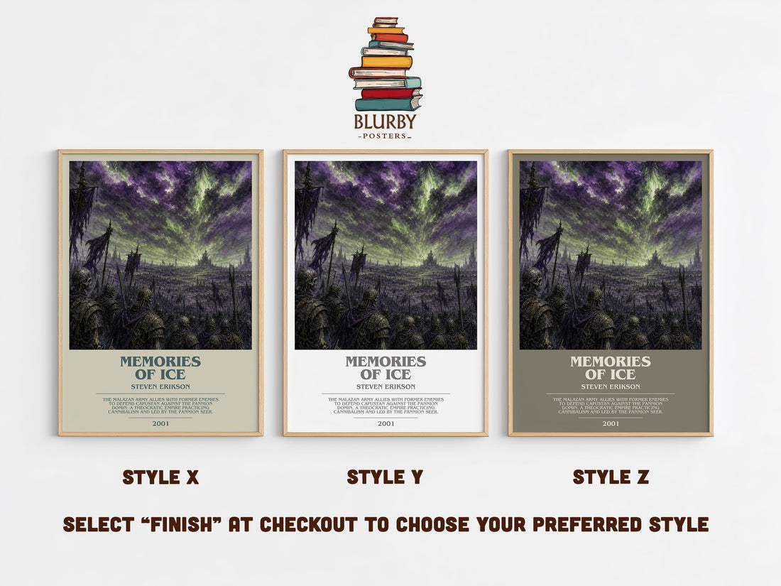 Memories of Ice bookish print in frame leaning in hallway – fantasy wall art (mockup)