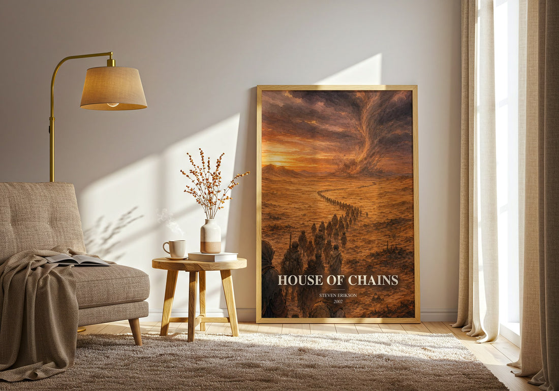House of Chains watercolour print in frame leaning in hallway – fantasy wall art (mockup)