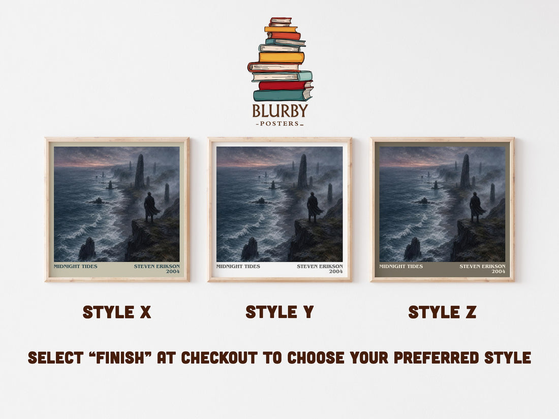 Midnight Tides literary print in frame leaning in hallway – fantasy wall art (mockup)