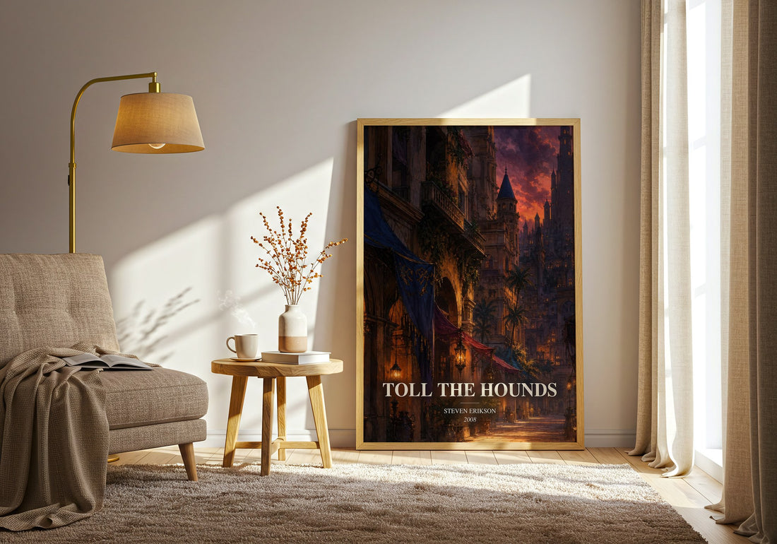 Toll the Hounds watercolour print in frame leaning in hallway – fantasy wall art (mockup)