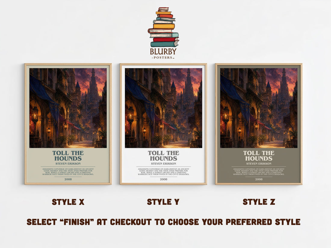 Toll the Hounds bookish print in frame leaning in hallway – fantasy wall art (mockup)