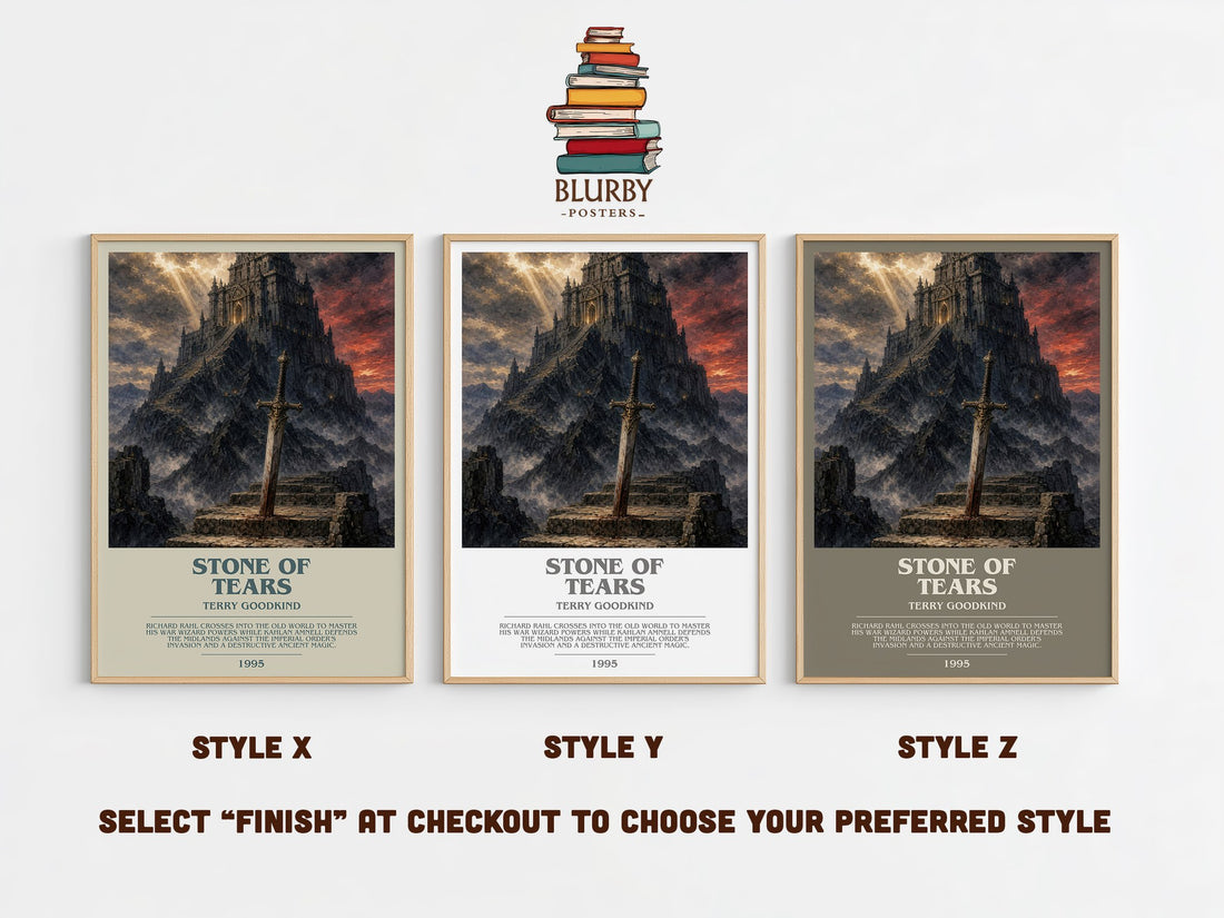 Stone of Tears bookish print in frame leaning in hallway – fantasy wall art (mockup)