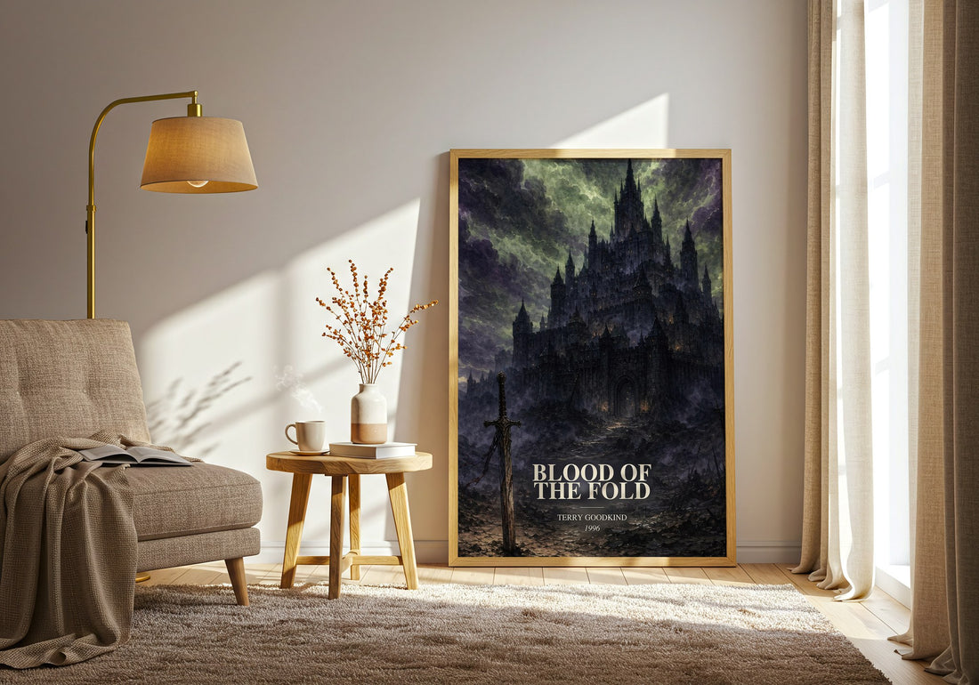 Blood of the Fold watercolour print in frame leaning in hallway – fantasy wall art (mockup)