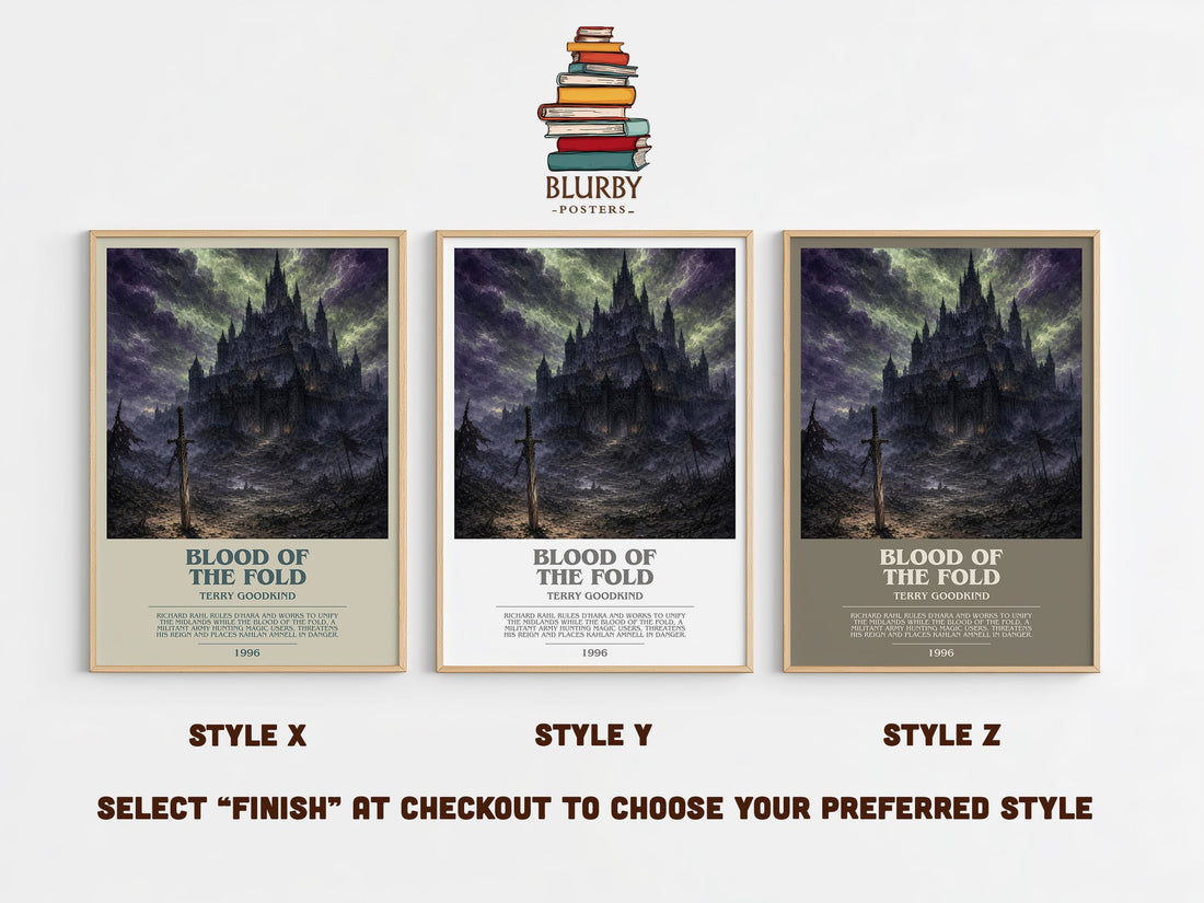 Blood of the Fold bookish print in frame leaning in hallway – fantasy wall art (mockup)