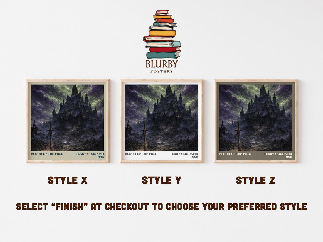 Blood of the Fold literary print in frame leaning in hallway – fantasy wall art (mockup)