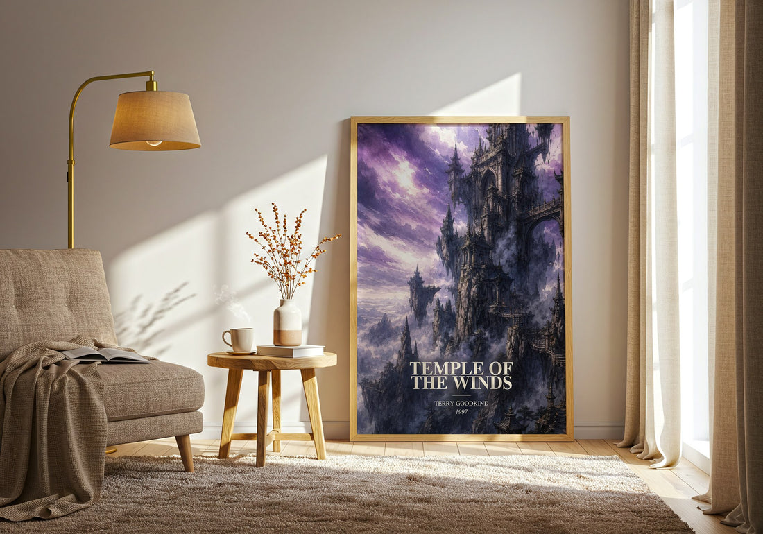 Temple of the Winds watercolour print in frame leaning in hallway – fantasy wall art (mockup)