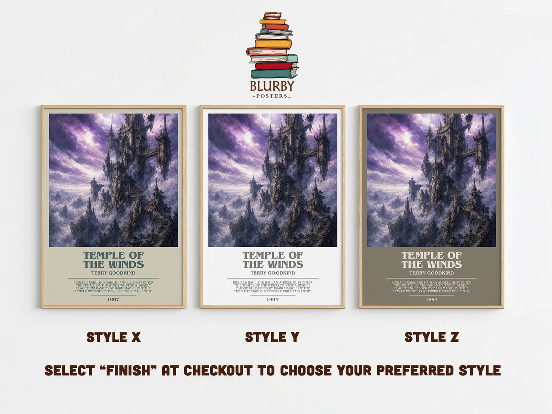 Temple of the Winds bookish print in frame leaning in hallway – fantasy wall art (mockup)