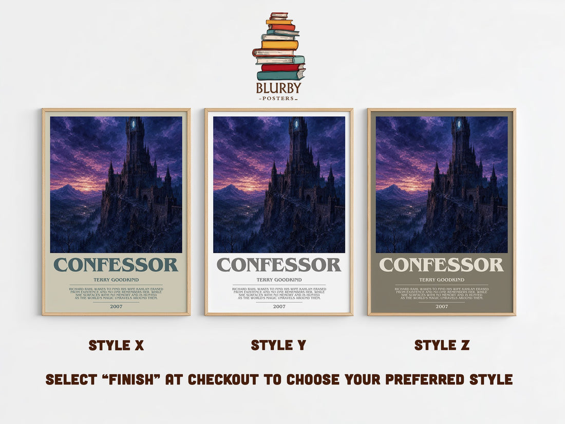 Confessor bookish print in frame leaning in hallway – fantasy wall art (mockup)