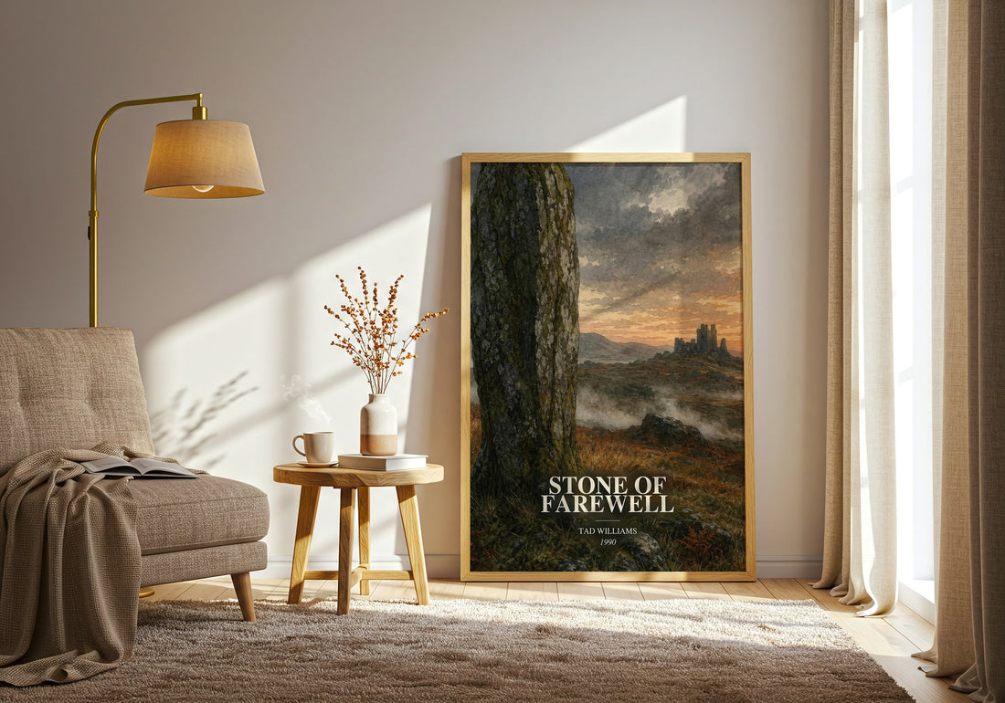 Stone of Farewell watercolour print in frame leaning in hallway – fantasy wall art (mockup)