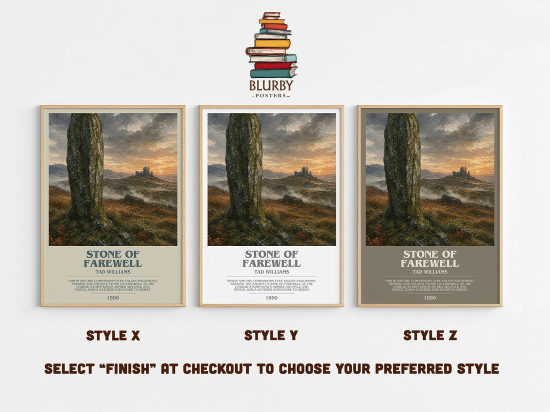 Stone of Farewell bookish print in frame leaning in hallway – fantasy wall art (mockup)