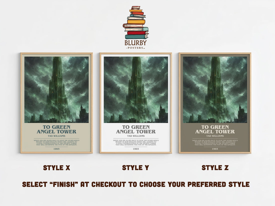 To Green Angel Tower bookish print in frame leaning in hallway – fantasy wall art (mockup)