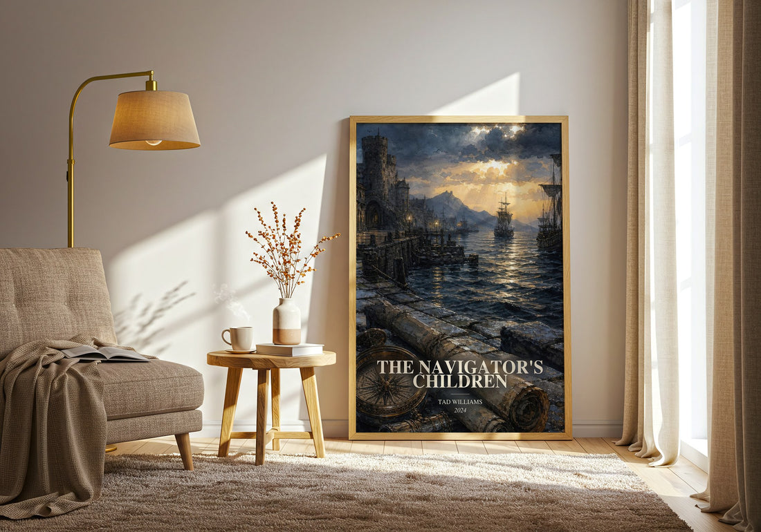 The Navigator's Children watercolour print in frame leaning in hallway – fantasy wall art (mockup)