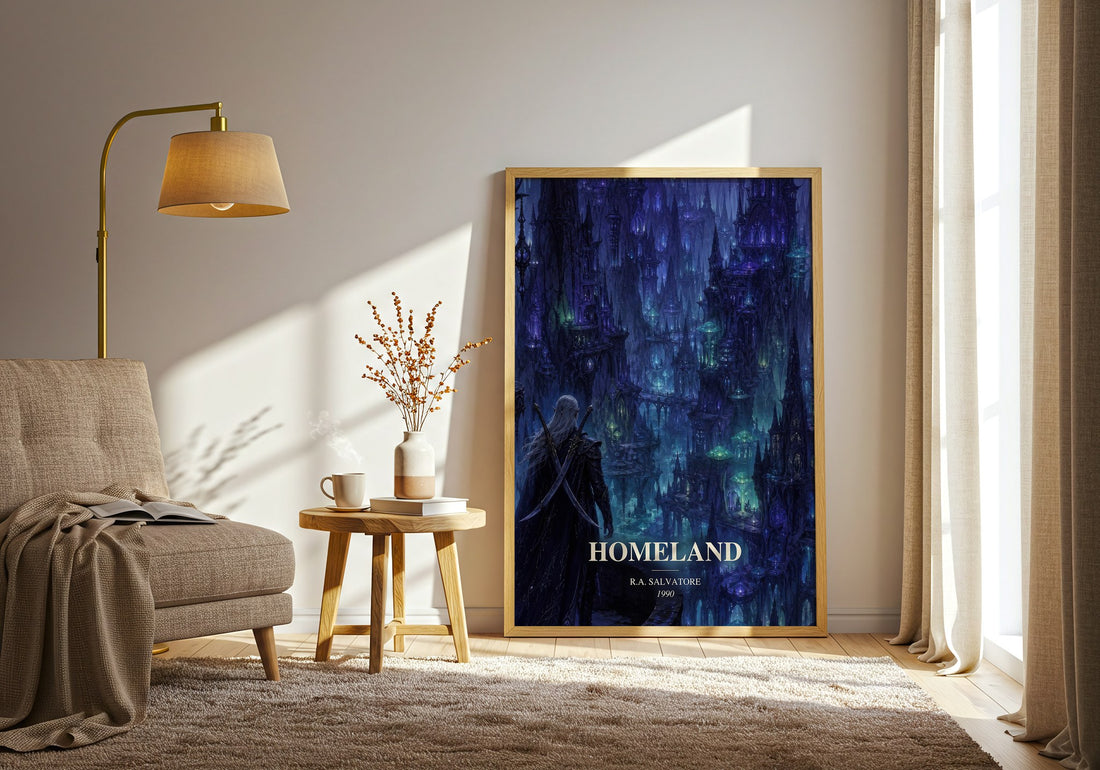 Homeland watercolour print in frame leaning in hallway – fantasy wall art (mockup)