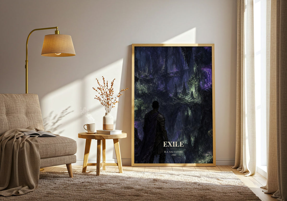 Exile watercolour print in frame leaning in hallway – fantasy wall art (mockup)