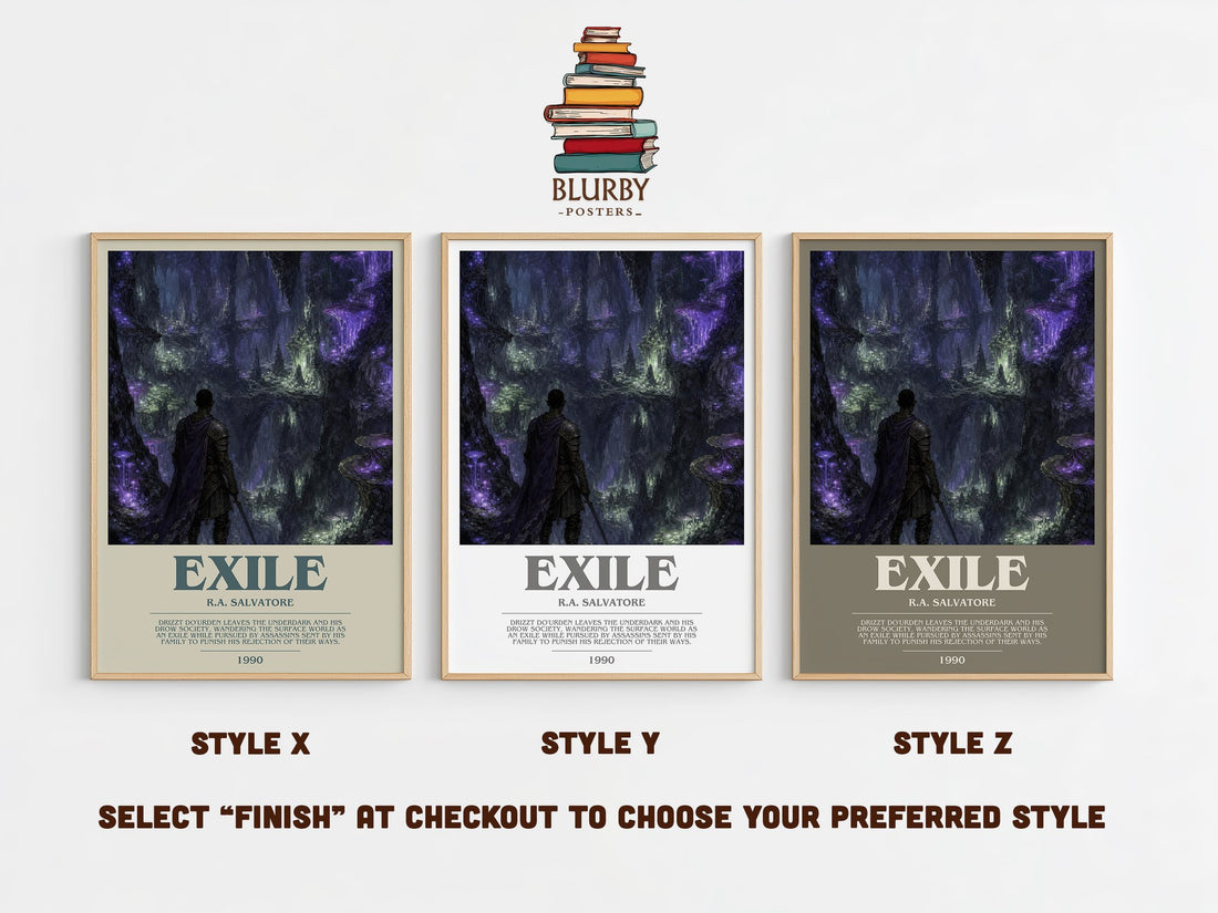 Exile bookish print in frame leaning in hallway – fantasy wall art (mockup)