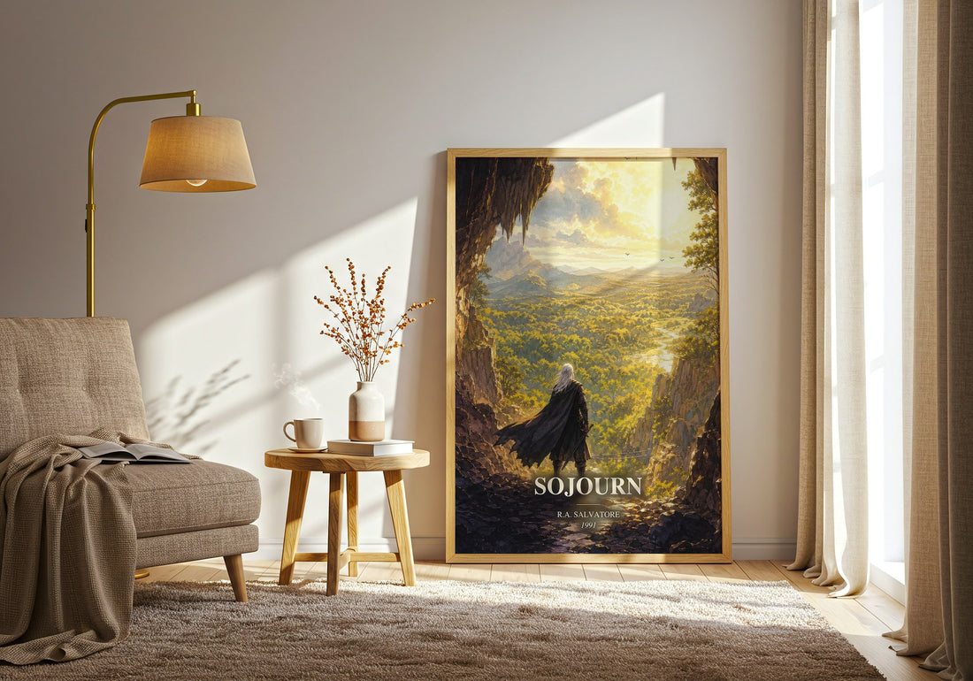 Sojourn watercolour print in frame leaning in hallway – fantasy wall art (mockup)