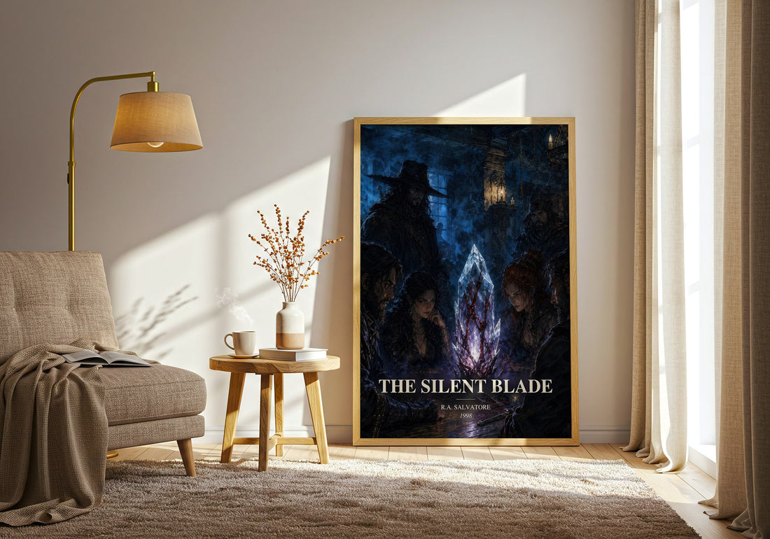 The Silent Blade watercolour print in frame leaning in hallway – fantasy wall art (mockup)