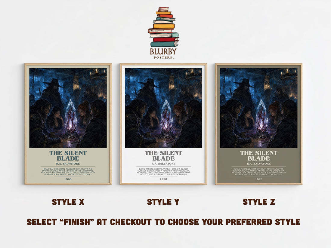 The Silent Blade bookish print in frame leaning in hallway – fantasy wall art (mockup)