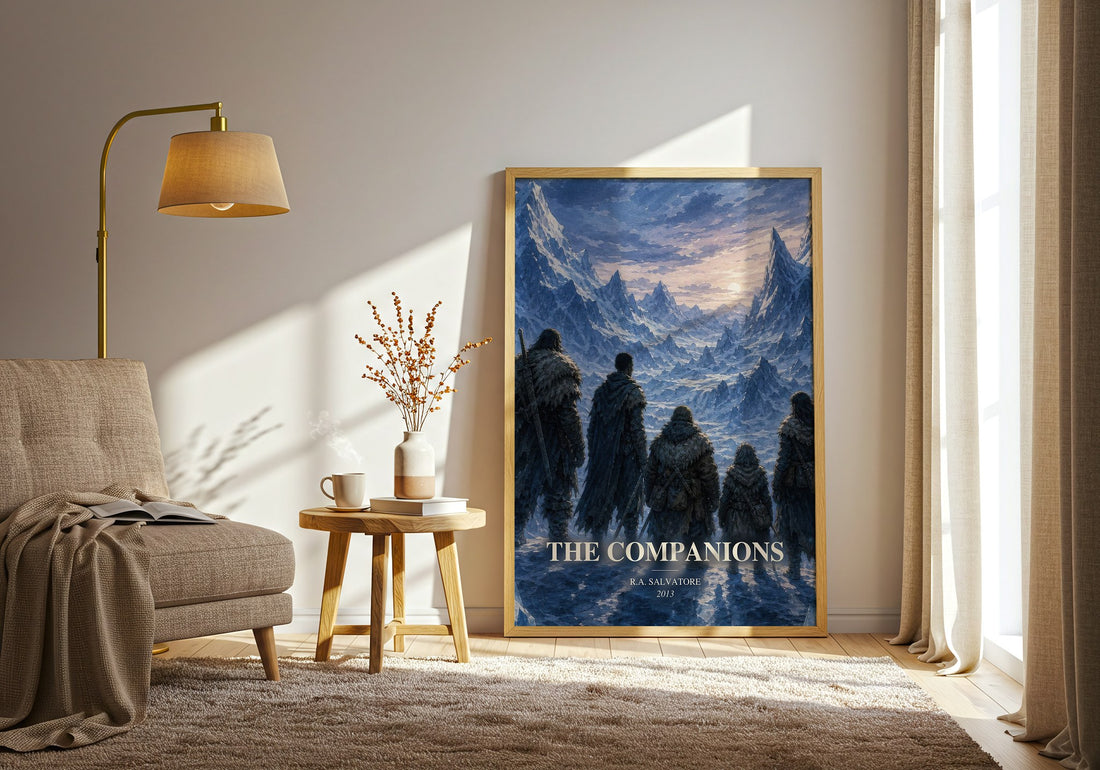 The Companions watercolour print in frame leaning in hallway – fantasy wall art (mockup)