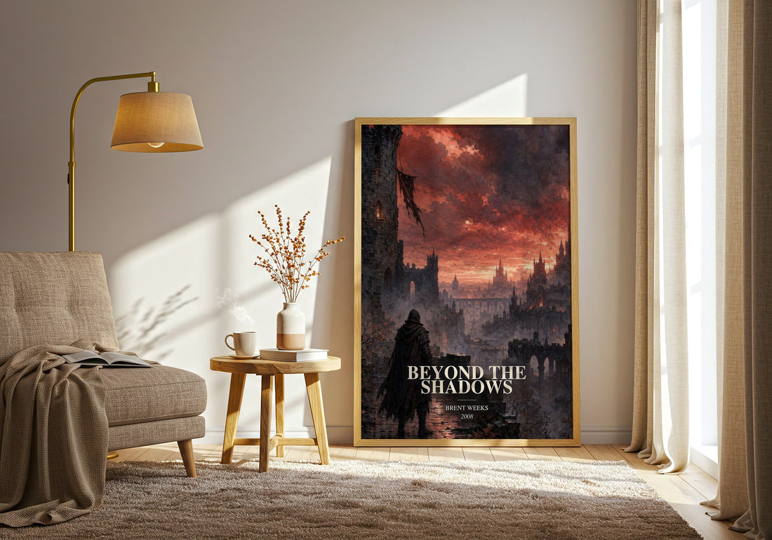 Beyond the Shadows watercolour print in frame leaning in hallway – fantasy wall art (mockup)