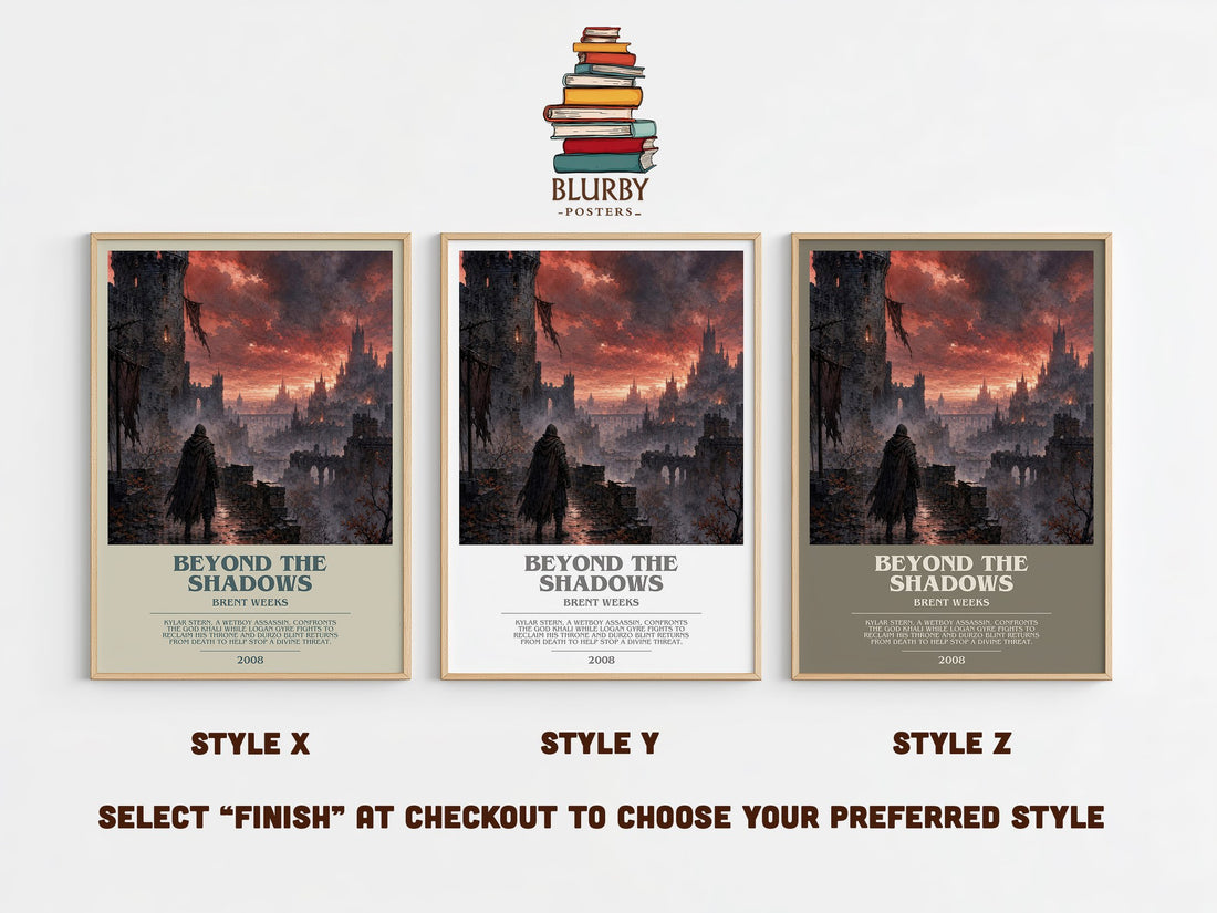 Beyond the Shadows bookish print in frame leaning in hallway – fantasy wall art (mockup)