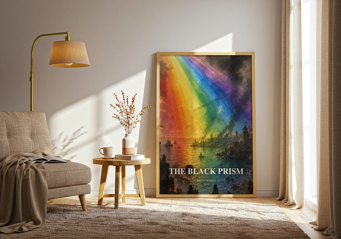 The Black Prism watercolour print in frame leaning in hallway – fantasy wall art (mockup)