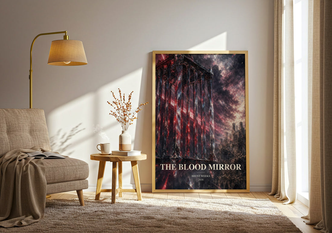 The Blood Mirror watercolour print in frame leaning in hallway – fantasy wall art (mockup)
