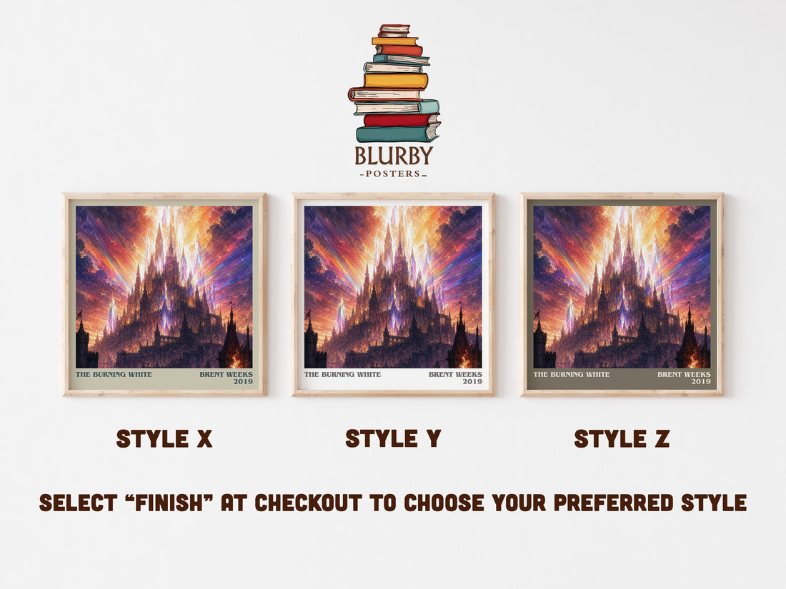 The Burning White literary print in frame leaning in hallway – fantasy wall art (mockup)