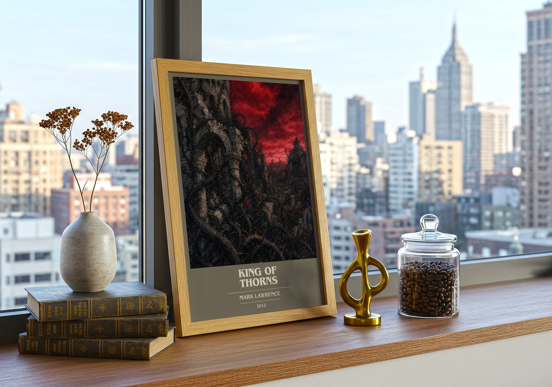 King of Thorns book cover print framed by window – literary home decor