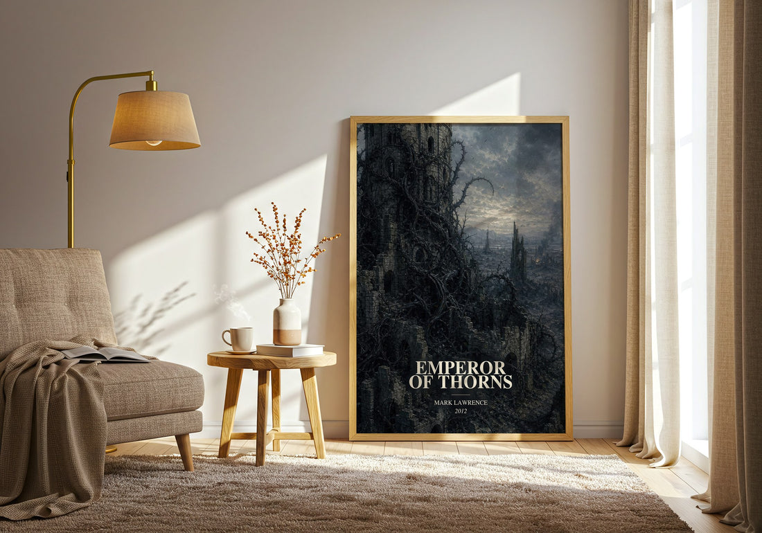 Emperor of Thorns watercolour print in frame leaning in hallway – fantasy wall art (mockup)