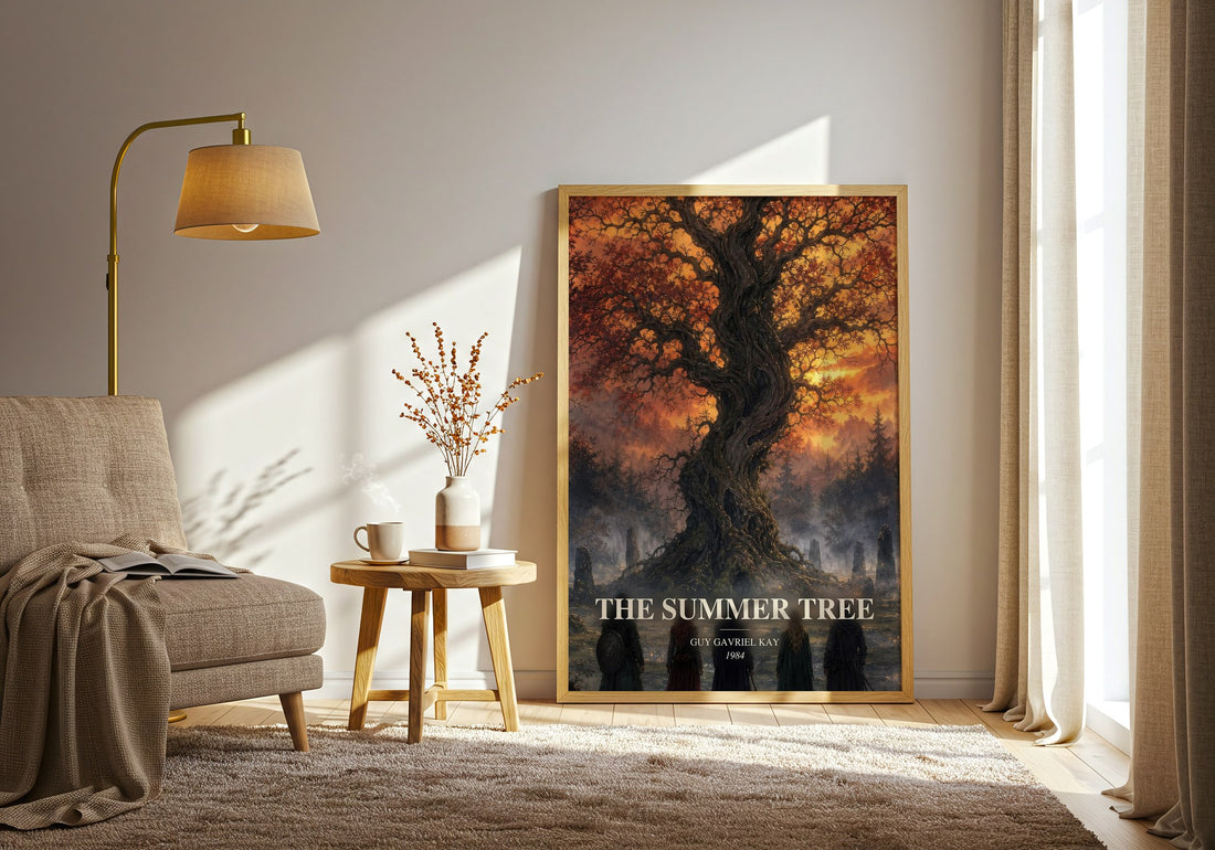 The Summer Tree watercolour print in frame leaning in hallway – fantasy wall art (mockup)